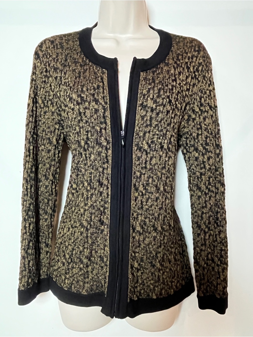Gold Blazer Jacket Sweater Knit Zip-Front Black Small Stretch Casual Office 80s